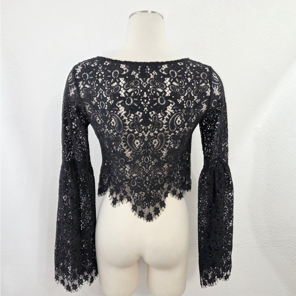 For Love & Lemons Vika black lace top bell sleeve sheer scalloped women's small - Picture 4 of 7